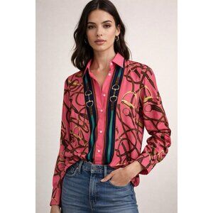 Lauren Ralph Lauren Pink Equestrian Horse Bit Bridle Print Button Down Blouse M